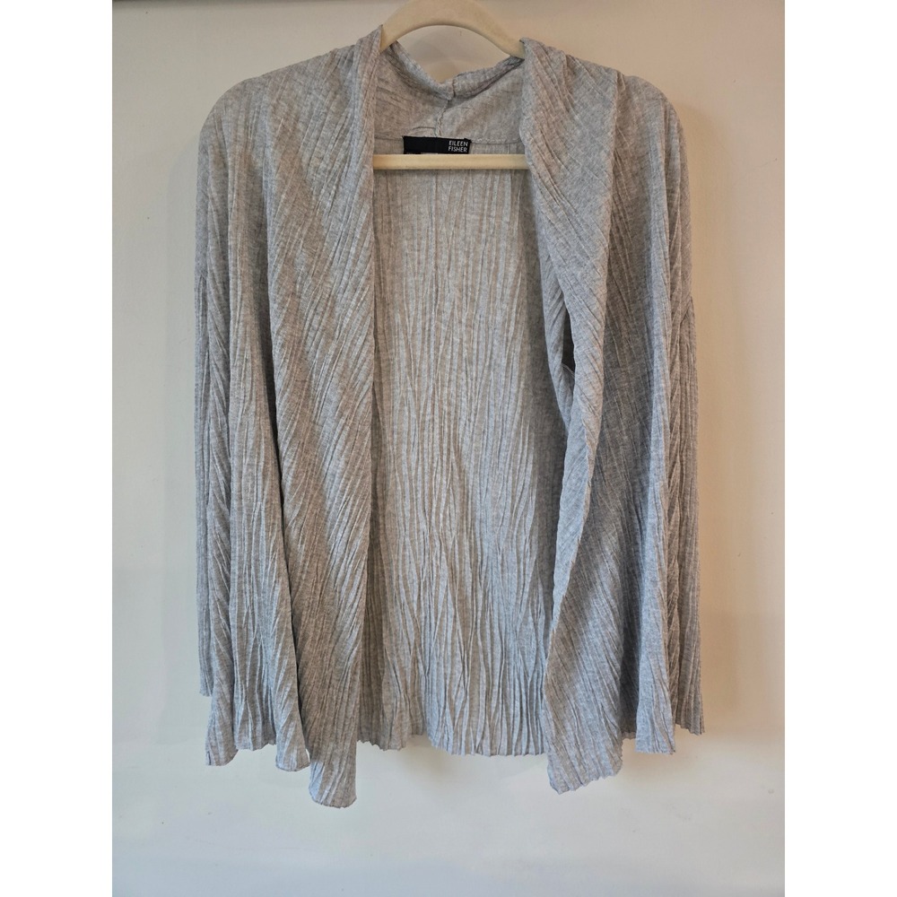 Eileen Fisher Gray Crinkle Knit Open Front Cardigan Italian Yarn Size Large